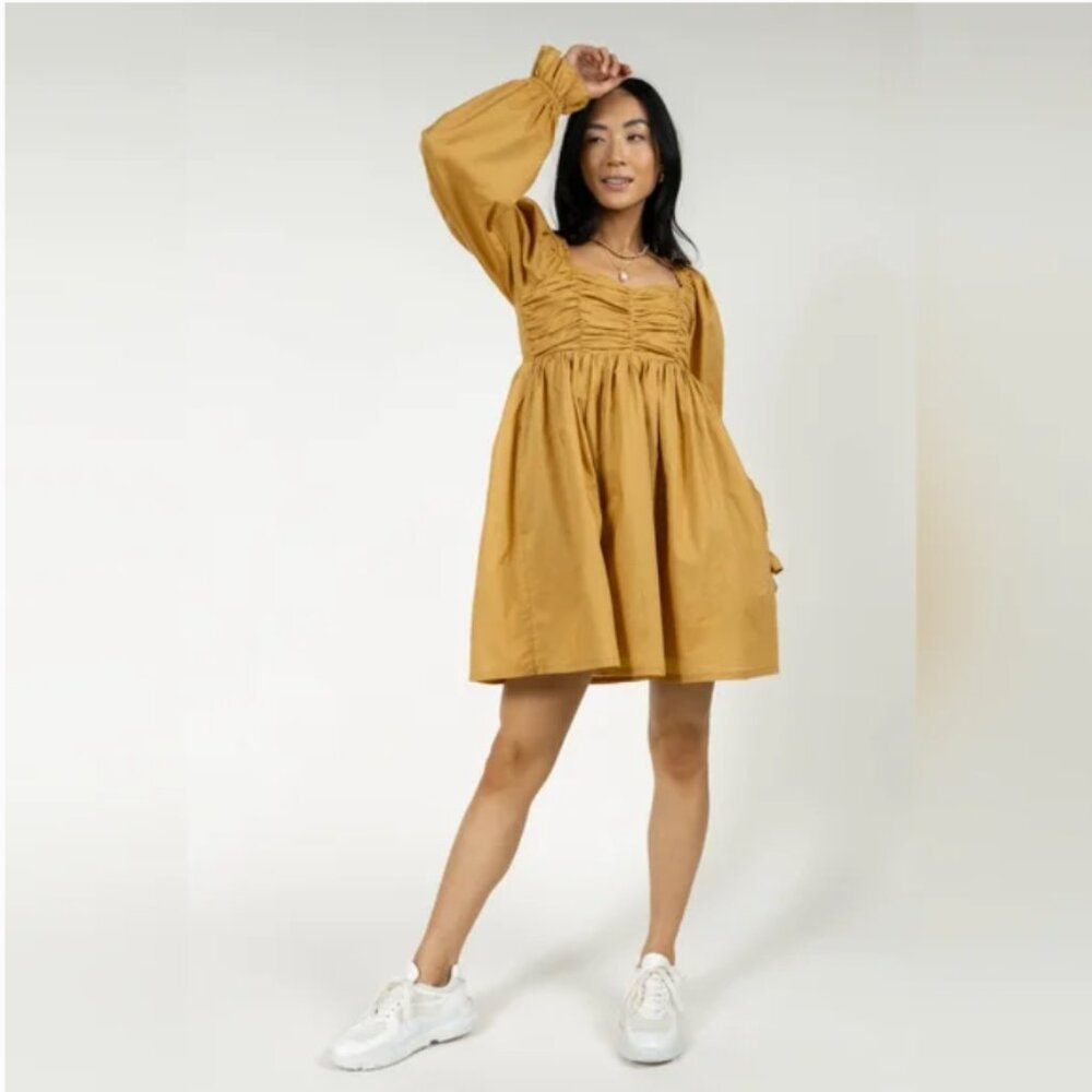 NWT Bohme Mustard Yellow Smocked Mini Dress Women's Medium Pockets